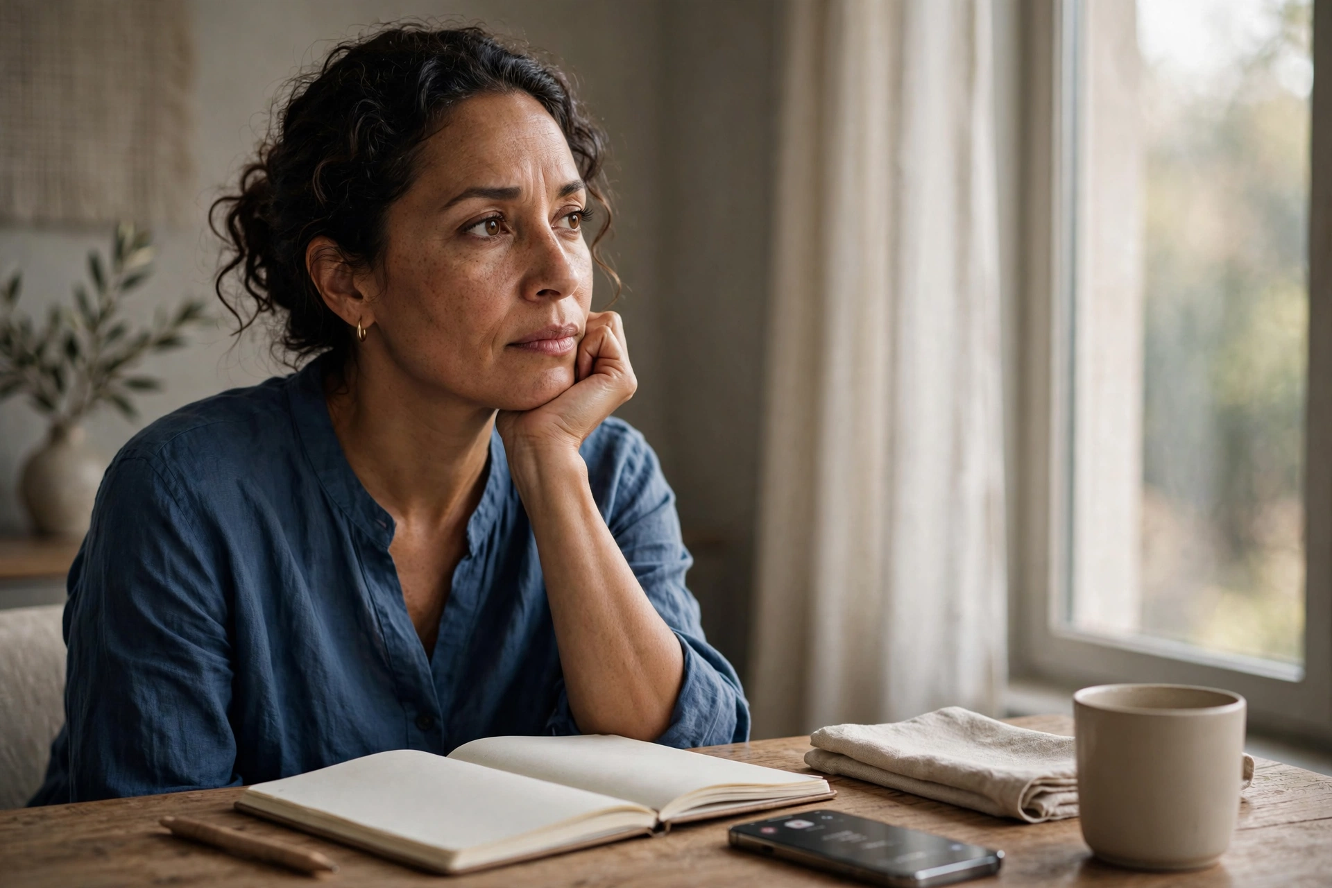 Mujer reflexionando antes de tomar una decisión