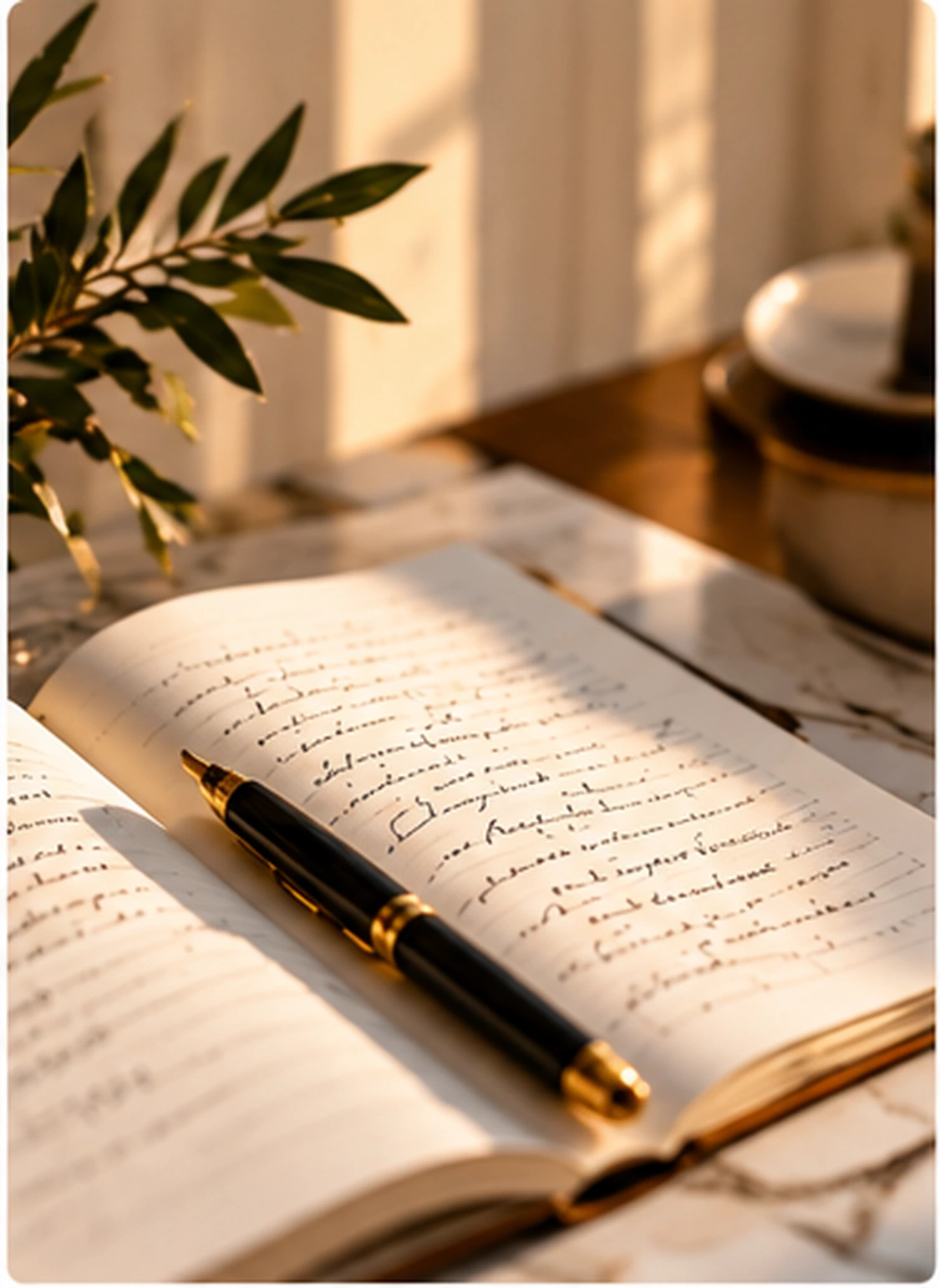 Cuaderno abierto y pluma junto a una ventana.