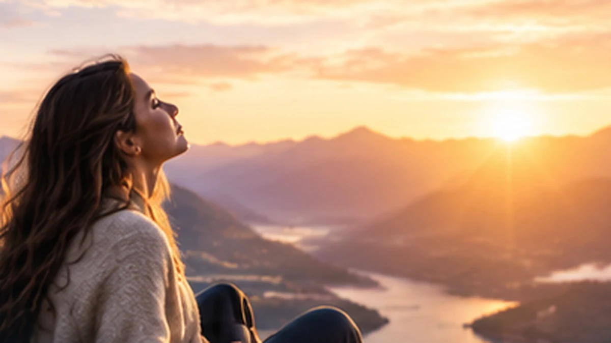 Imagen conceptual de una mujer contemplando un amanecer entre montañas