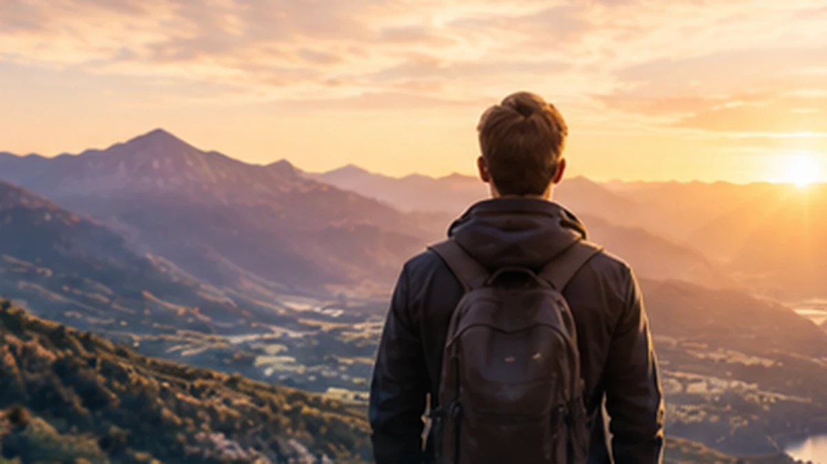 Imagen conceptual de un hombre contemplando el horizonte de un valle montañoso