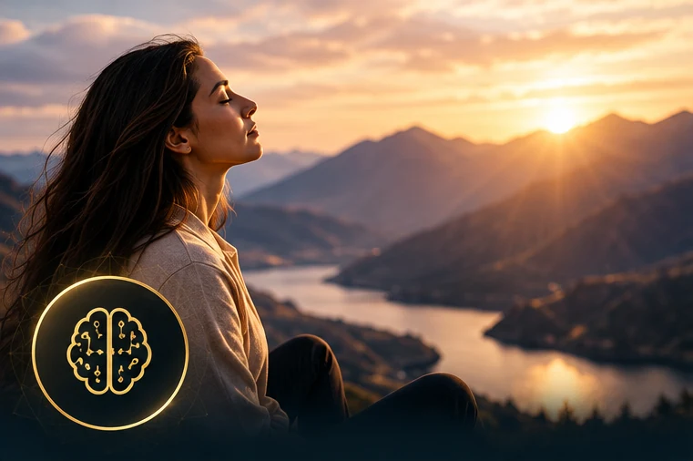 Imagen conceptual de una mujer contemplando el amanecer sobre un valle montañoso