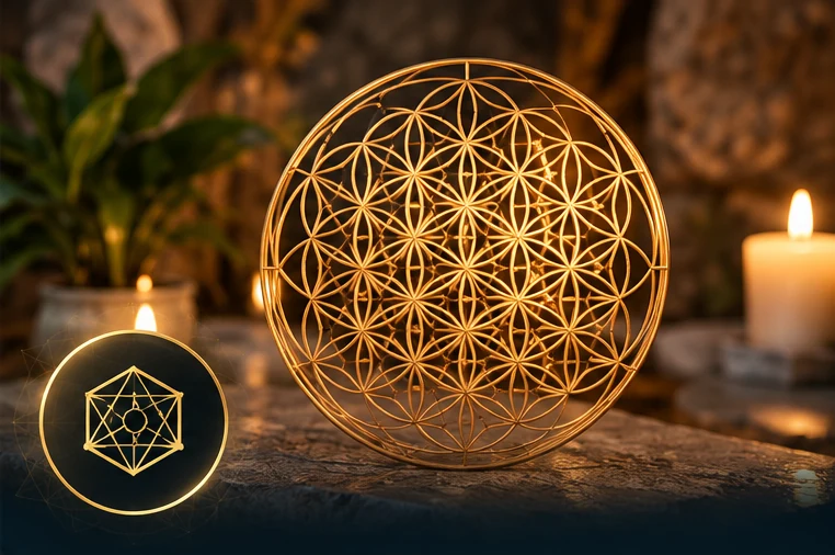 Figura decorativa dorada basada en patrones de geometría sagrada