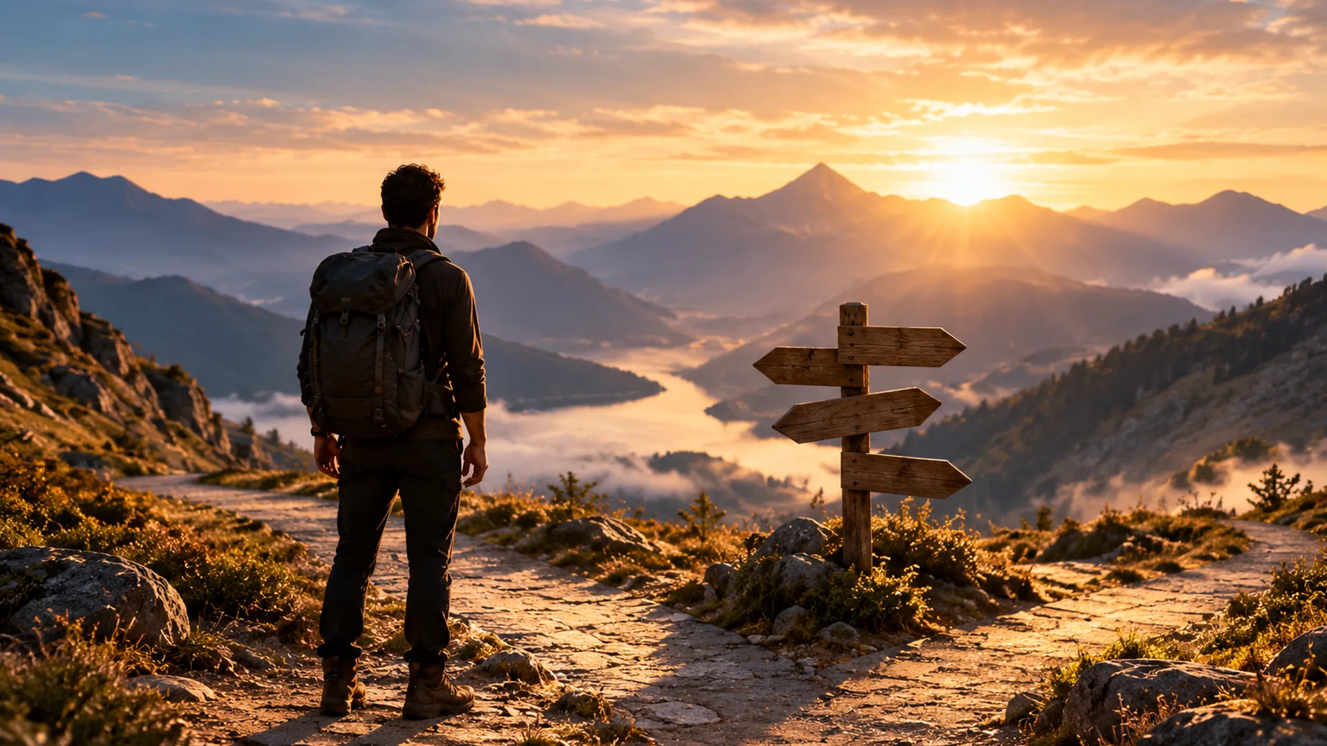 Un hombre con mochila contempla diferentes caminos señalizados frente a un paisaje montañoso al amanecer