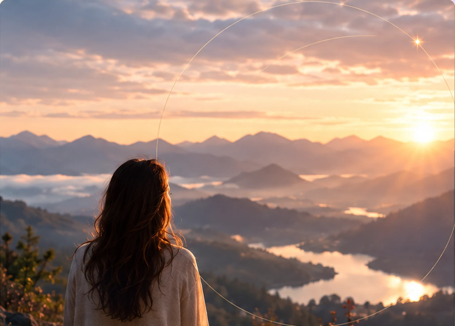 Escena conceptual de una mujer contemplando el amanecer sobre un valle montañoso